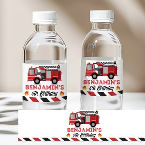 Etiqueta de água de caminhão de bombeiros editável Decoração de aniversário de caminhão de bombeiros Lembrancinha de aniversário Carro de bombeiros Etiqueta de garrafa de água de bombeiro para impressão Bir71