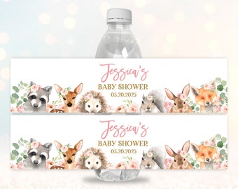 Woodland Baby Shower Water Bottle Label Forest Animals Wrapper Floral Girl Baby Shower Favor EDITABLE Digital Download Bab149