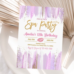 Spa Birthday Invitation Glam Party Invite Girls Spa Blush Purple Gold Makeup Party Tween Girls Manicure Editable Printable Download Bir361