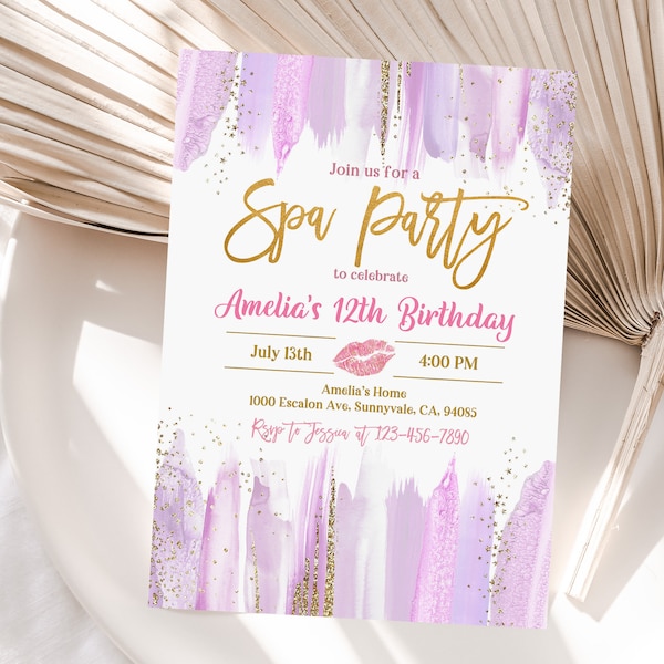 Spa Birthday Invitation Glam Party Invite Girls Spa Blush Purple Gold Makeup Party Tween Girls Manicure Editable Printable Download Bir361