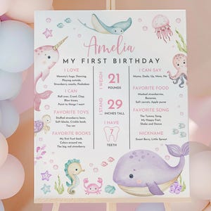 Póster de hito bajo el mar, primer cumpleaños en el océano, letrero de cumpleaños editable, primer cumpleaños del bebé, animales marinos, rosa, morado, imprimible Bir463