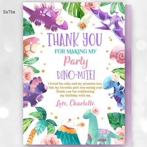 Dinosaurus verjaardag bedankkaarten meisje dino feest bedankje gunst paarse tropische jungle bewerkbare download afdrukbare Bir247