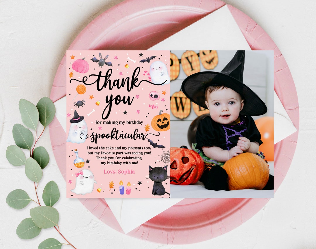 Editable Halloween Thank You Card Girl 1st Birthday Thank You Note Pink ...