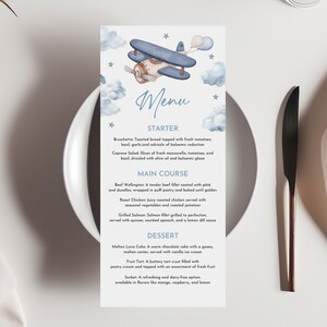 Vliegtuig feestmenu BEWERKBAAR reisthema babyshower verjaardag menusjabloon afdrukbare Cloud Star Sky Boy blauw vliegtuig Time Flies Bab248