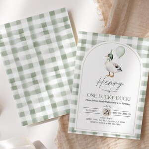 One Lucky Duck Birthday Invitation: Watercolor Mallard, Greenery Bir511 image 6