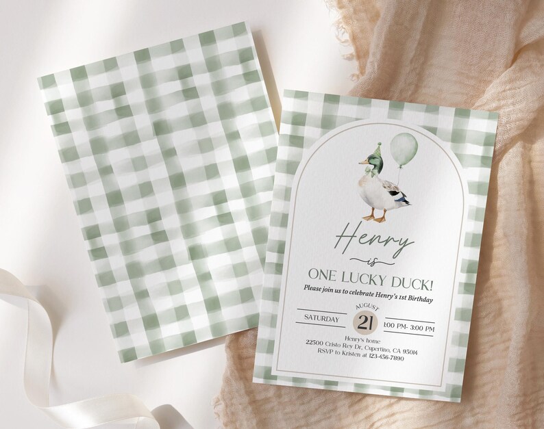 One Lucky Duck Birthday Invitation: Watercolor Mallard, Greenery Bir511 image 6