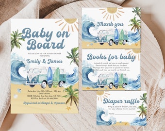 Conjunto de invitaciones para baby shower con temática playera y de surf (editables e imprimibles Bab187)
