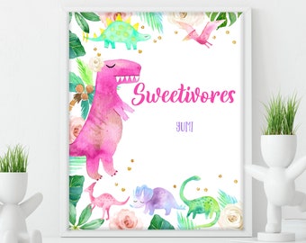 Dinosaur Sweetivores Birthday Sign Girl Dino Party Dessert Table Sign Sweet Treat Decor Pink Gold Tropical Jungle Download Printable Bir248