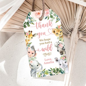 Étiquettes de faveur Safari jungle animaux sauvages anniversaire Merci étiquettes Safari Zoo Girl rose Floral cadeau étiquette numérique imprimable téléchargement Bir12