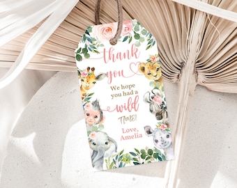 May include: Pink and green thank you tag with a watercolor illustration of animals, flowers, and greenery. The text reads "thank you" with a heart and "We hope you had a wild time! Love, Amelia".