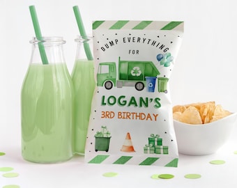 May include: Green and white chip bag with a green garbage truck, recycling bins, and the text "Dump Everything for Logan's 3rd Birthday".