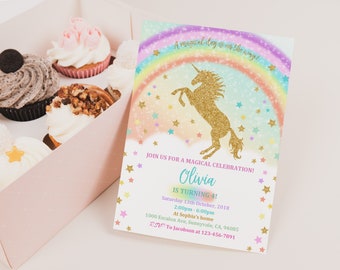 Unicorn Birthday Invitation Unicorn Rainbow Party Invite Gold Glitter Pink Girl Magical Day Editable Printable Template Download Bir54