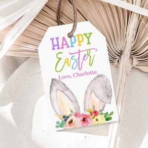 Étiquettes pour cadeaux de Pâques étiquette de panier de lapin étiquette de cadeau d'anniversaire pour enfants salle de classe école étiquette déco Joyeuses Pâques imprimable modifiable téléchargement Eat7