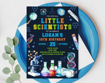 May include: A science-themed birthday party invitation on a dark blue background. The invitation features colorful text that reads "Calling All Little Scientists" and includes scientific illustrations. The invitation is on a white card, placed on a blue plate.