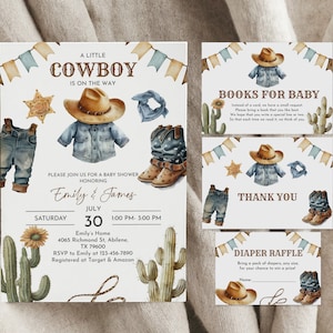 Set di inviti per baby shower modificabili con cowboy Un piccolo cowboy è in arrivo Wild West Western Baby Sprinkle Country Modificabile Stampabile Bab241