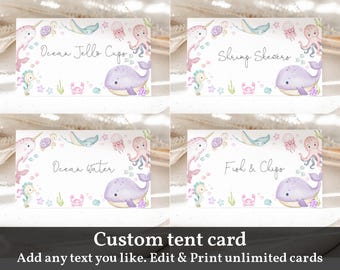 Under the Sea Party Food Labels, Editable Tent Cards (Pink Ocean, PDF) Bir463 Bab324