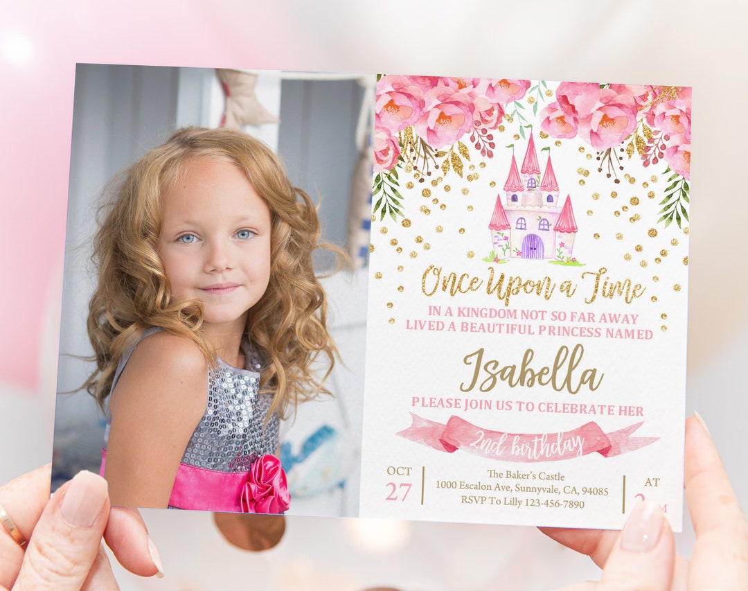Princess Birthday Invitation Princess Party Invite Girl 1st Castle Pink Floral Gold Glitter ...