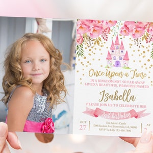 Princess Birthday Invitation Princess Party Invite Girl 1st Castle Pink Floral Gold Glitter Royal Photo Editable Printable Download Prin1