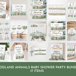 Editable Woodland Animals Baby Shower Bundle Let the Adventure Begin Pine Tree Baby shower Package Greenery Forest Animals Printable Bab194