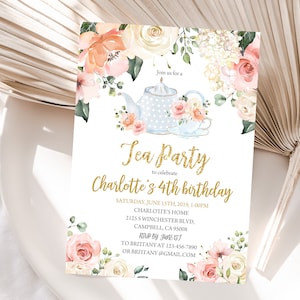 Faire-part d&#39;anniversaire Tea Party Floral High tea inviter le temps pour le brunch du thé Glitter or rose Floral numérique modifiable en téléchargement imprimable Bir122