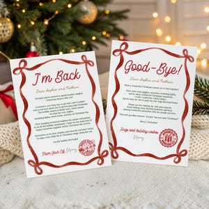 May include: Two white rectangular cards with red watercolor ribbon borders. The left card reads I'm Back, Dear Sophia and Nathan, and includes a North Pole Elf Delivery stamp. The right card reads Good-Bye!, Dear Sophia and Nathan, and a stamp.