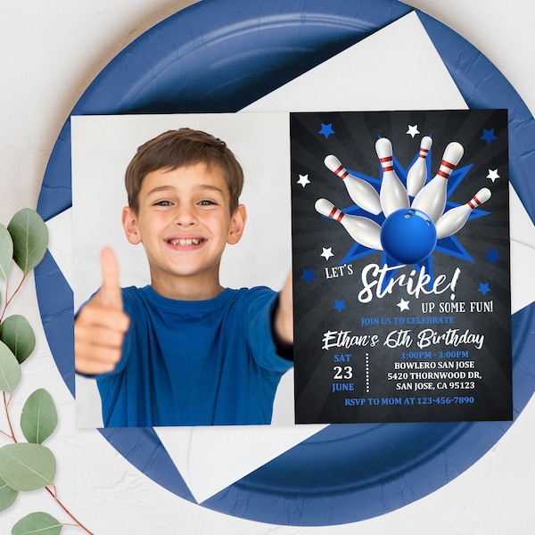 Boys Bowling Birthday Party Invitation Let's strike up some fun Photo Boy Bowling Party Invite Digital Editable Printable Download Bir123