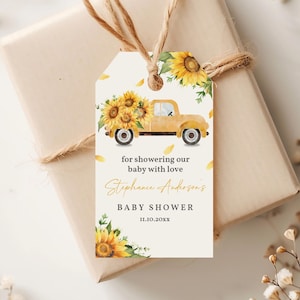 Editable Sunflower Baby Shower Thank You Tag Yellow Truck Favor Tag Sticker Label Printable Sunflower Favor Tag Rustic Summer Bab290
