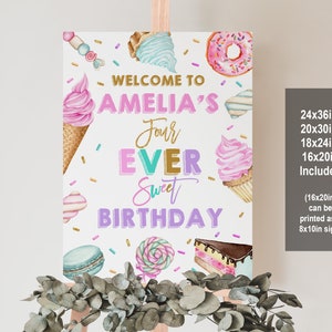 Four Ever Sweet Birthday Welcome sign Sweet Celebration Dessert sign welcome poster Girl 4th Birthday Editable Printable Download Bir339