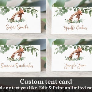 Tarjeta de carpa de comida para baby shower con forma de jirafa, animales de safari, tarjeta de lugar imprimible, tarjeta de buffet con vegetación tropical de jungla, editable, imprimible, Bab36
