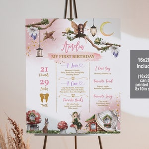Segno di traguardo di compleanno delle fate Poster di traguardo della festa del tè delle fate Statistiche del primo compleanno della bambina Festa in giardino Boho Modificabile Stampabile Scarica Bir275