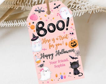 Etichette per bomboniere di compleanno: Fantasma rosa spettrale e zucca - Modello Canva Hab2