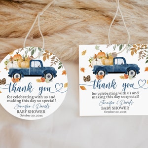 Herbst Blau Kürbis LKW-Baby-Dusche-Label Blaue LKW-Aufkleber Runde Quadrat Favor Geschenkanhänger Junge Digital Bearbeitbare Druckbare Download Bab169