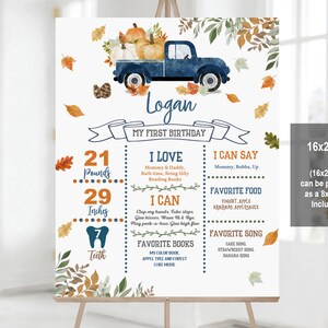 Pu&ograve; includere: Un poster di pietre miliari del primo compleanno stampabile con un camioncino blu con zucche e foglie autunnali. Il poster include il nome del bambino, Logan, e dettagli come il peso, l'altezza, i cibi preferiti e le canzoni. &Egrave; disponibile in 16x20 pollici e pu&ograve; essere stampato come un 8x10 pollici.