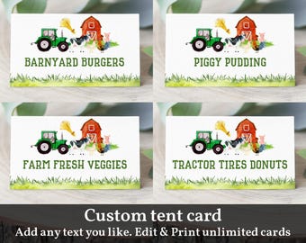 May include: Four printable tent cards featuring a watercolour illustration of a green tractor, a red barn, and farm animals. The text on the cards reads: "Barnyard Burgers", "Piggy Pudding", "Farm Fresh Veggies", and "Tractor Tyres Donuts".