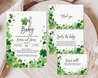 Op de afbeelding: Een babyborrel uitnodiging met een groen klavertje vier-thema met de tekst "Oh Baby" en "Emma en James". De uitnodiging bevat de datum, tijd en locatie van de babyborrel. Er zijn ook kaarten voor "Bedankt", "Boeken voor baby" en "Luierspel".