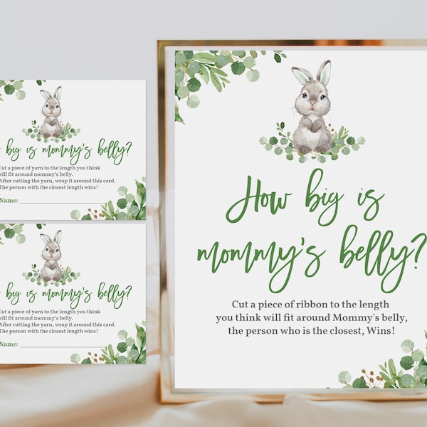 Bunny How Big is Mommy's Belly Shower Game Rabbit baby shower Guessing Gender neutral Spring Greenery Rabbit Digital Editable Download Eaba3