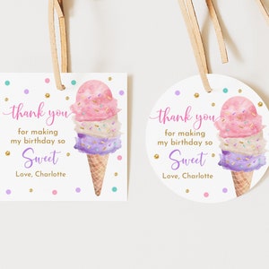 Editable Ice Cream Birthday Thank You Label Ice Cream Gift Tags Circle ...