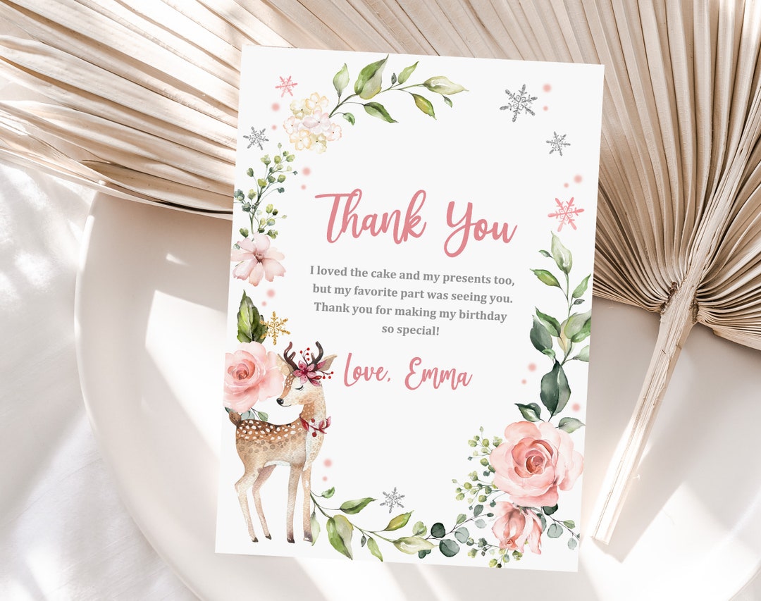 Winter Woodland Birthday Thank You Card Winter Onederland Deer Girl 1st ...