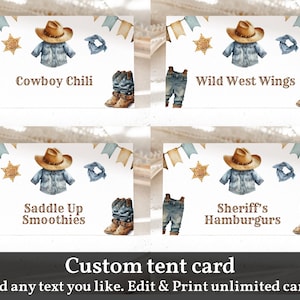 Modelo editável para barraca de comida de chá de bebê de cowboy, cartão de buffet de rodeio ocidental, etiquetas de comida do oeste selvagem, cartões de lugar, etiqueta de nome dobrada para impressão Bab241