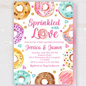 Donut baby shower invitation Sweet celebration Party Invite Pink Girl Donut miss it Sprinkled with love Editable download Printable Bab88