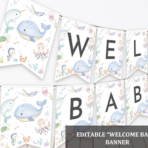 Under the sea Banner Editable Ocean Baby Shower Bunting Welcome Baby Printable Garland Under the sea Decoration Nautical Blue Boy Bab323