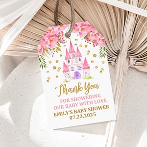 Princess Baby Shower Favor Tags Royal Party Thank You Tag Blush Pink Castle Girl Gold Flowers Confetti EDITABLE Printable Download Bab29