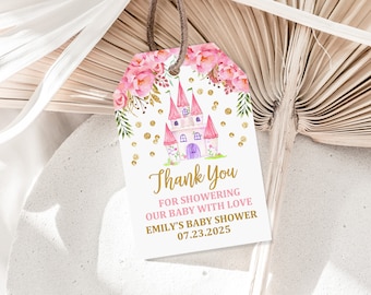 May include: Pink and gold princess castle baby shower thank you tag with the text "Thank You for showering our baby with love Emily's Baby Shower 07.23.2025"