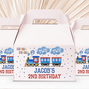 Etiqueta de caja de regalo de cumpleaños de tren Etiqueta de caja de regalo de fiesta de tren Etiqueta adhesiva de recuerdo Chugga Two Boy 2nd Birthday Azul Editable Imprimible Descargar Bir60
