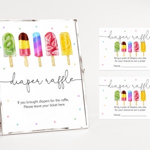 May include: A printable diaper raffle sign with a watercolor illustration of popsicles. The sign says "diaper raffle" and includes instructions for guests to leave their ticket if they brought diapers.