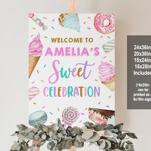 Süßer Geburtstag Willkommensschild Süß Party Willkommen Poster Süße Feier Candy Eis Donut Mädchen Printable Editierbare Vorlage Bir340