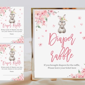 Bunny Windel Verlosung Zeichen und Ticket Baby-Dusche Windel Verlosung Zeichen Karte Mädchen Frühling Sakura Floral Kaninchen Digital bearbeitbar Download Eaba3