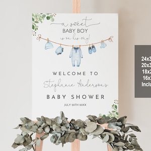 Baby Kleidung Willkommensschild Baby Junge ist auf dem Weg Wäsche willkommen Poster Wäscheleine Blau Grün Bearbeitbar Druckbar Download Bab214