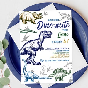 Dinosaur Birthday Invitation Dino party Invite  Park T-rex Boy Printable 1st Blue Green RAWR Digital Editable Download Bir111