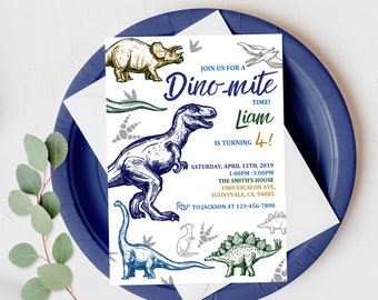 May include: A blue and green dinosaur birthday party invitation with the text "Join us for a Dino-mite Time! Liam is turning 4!"  The invitation includes a variety of dinosaurs, including a Tyrannosaurus Rex, a Triceratops, and a Stegosaurus. The invitation also includes the date and time of the party, as well as the location.